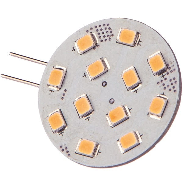 Nautecled G4 pro12 spot LED pære Ø30mm set forfra med monteringsmuligheder.