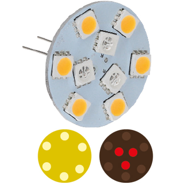 Nautecled G4 LED pære i rødt og hvidt, set forfra.