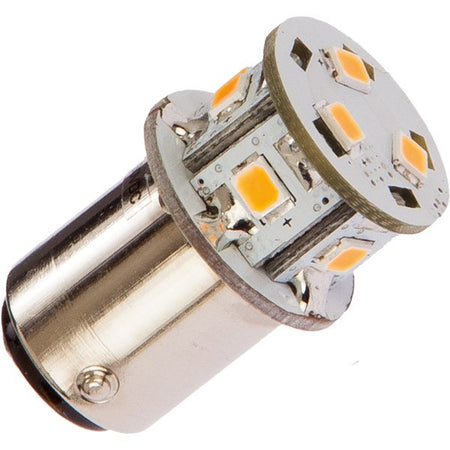 Nautecled BA15D LED pære set fra siden med mål angivet.
