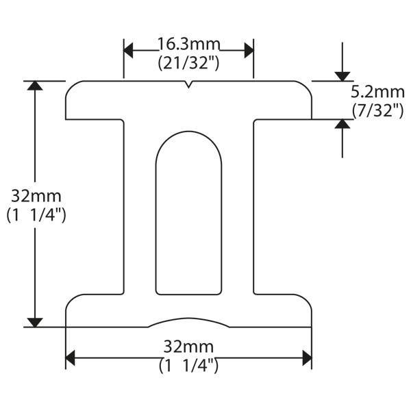 Ronstan I-skinne 32mm, set fra siden med monteringsbeslag