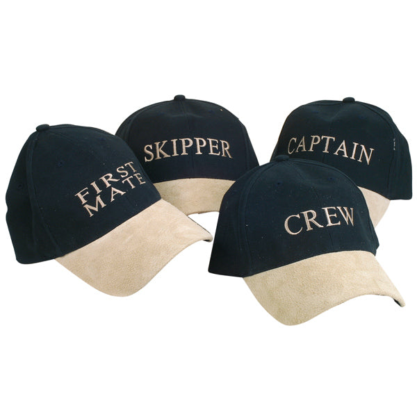 SeaTec cap First Mate i navy og beige, set fra siden.