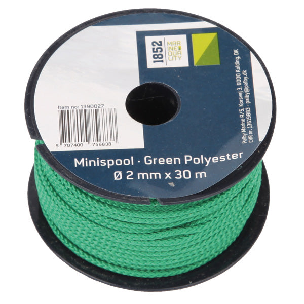 Minirulle i grøn polyester med Ø2mm tråd, 30 meter lang