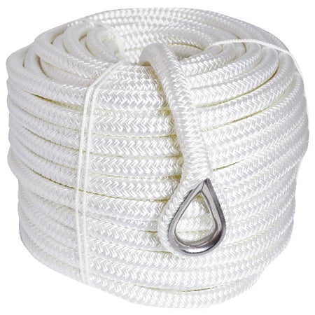 1852 ankertov i hvid polyester med RF kovs, flettet og 40 meter lang