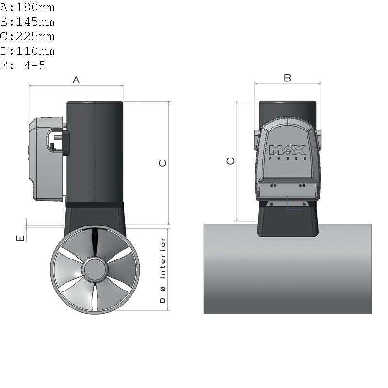 Max Power bovpropel CT25 vist bagfra med synlig motorbeskyttelse