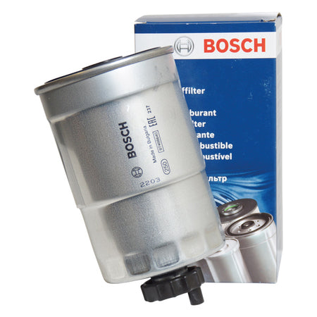 Brændstoffilter fra Bosch, 149 mm langt, til bådmotorer.