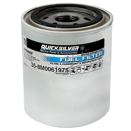Quicksilver brændstoffilter vandseparator set fra siden, klar til installation.