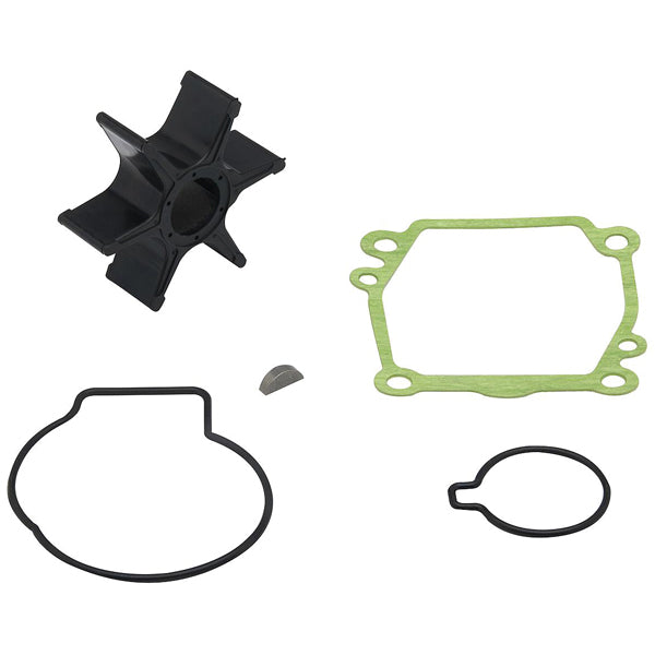 Detalje af Quicksilver impeller reparationssæt med komponenter og værktøj.