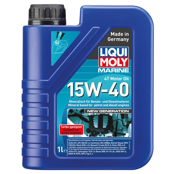 Liqui Moly 4T 15W-40 olie i 5 liters beholder, set forfra.