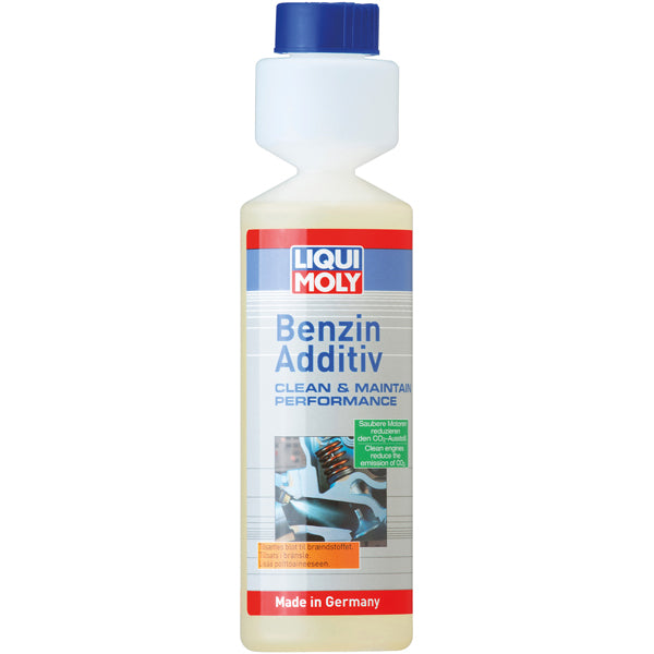 Liqui Moly benzin additiv 250 ml set forfra med et klart label.