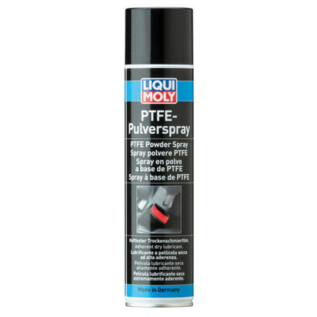 Liqui Moly Teflon pulverspray sprøjtet på metaloverflade til smøring