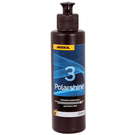 Mirka Polarshine 3 finishing antistatic wax i 250 ml flaske, stående på hvid baggrund.