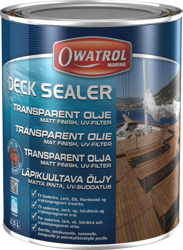 Owatrol decksealer med UV-filter præsenteret i en literflaske
