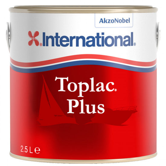 International Toplac Plus Hvid YLK000 lak i 2,5 L beholder, stående på en arbejdsbænk.
