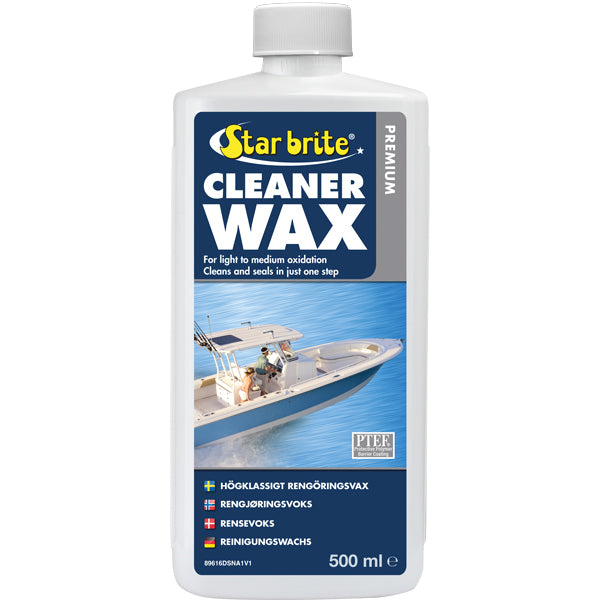 Star Brite Premium Cleaner voks 500 ml stående på en bådværkstedshylde