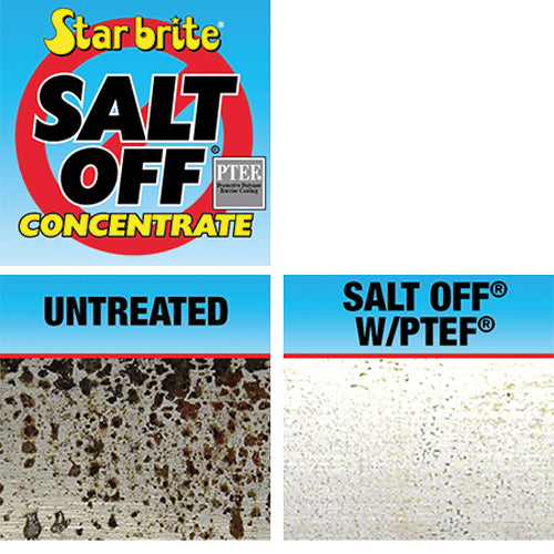 Bådrentemidlet Star Brite Salt Off Protector set fra siden, med klar væske i flasken.
