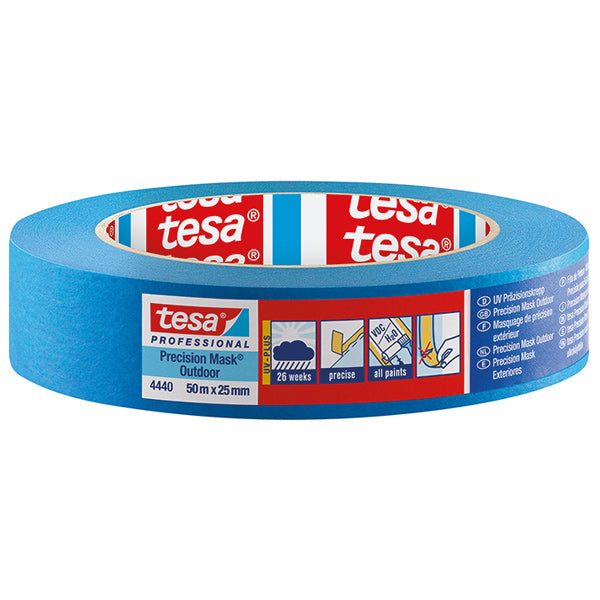Tesa tape i blå farve rullet op med mål 50m x 19mm