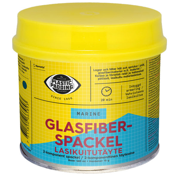 Plastic Padding, Glasfiberpasta i 460 ml beholder, klar til reparation af båd.