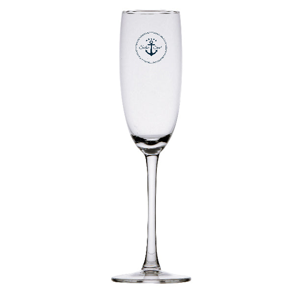 Marine Business Champagneglas i elegant design med sejlermotiv, set fra siden.
