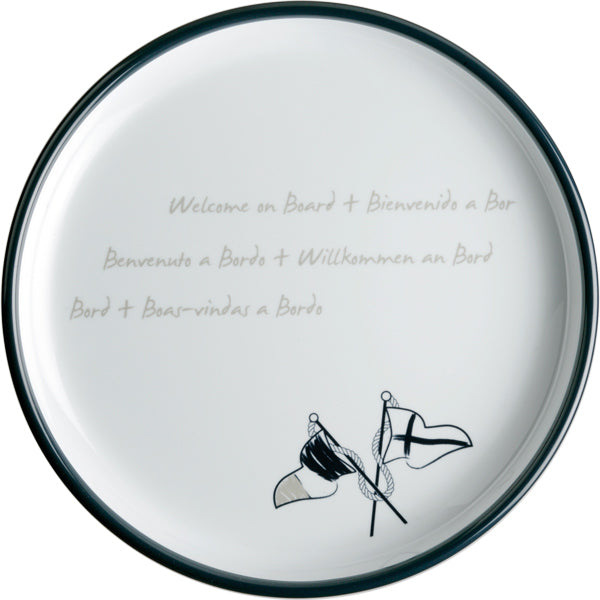 Welcome on board dessert tallerken i hvidt design, Ø21 cm, set fra oven.