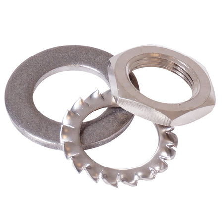 Glomex møtrik og tandskive til VHF antenne på hvid baggrund
