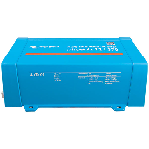 Foran- og bagside af Victron inverter, viser tilslutningsmuligheder og design
