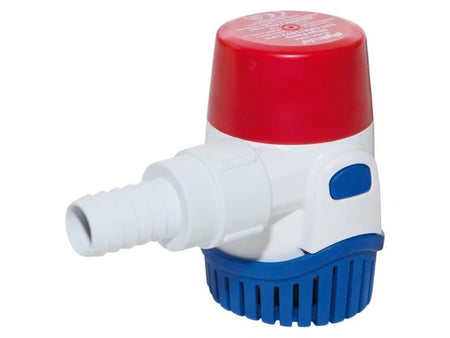 Rule 500 gph 12V dykpumpe set fra siden med tilslutninger